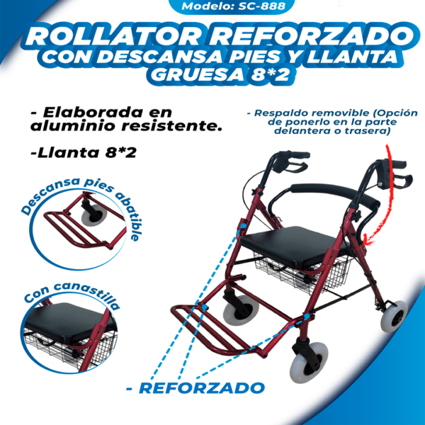 Rollator Reforzado con descansa pies y llanta gruesa
